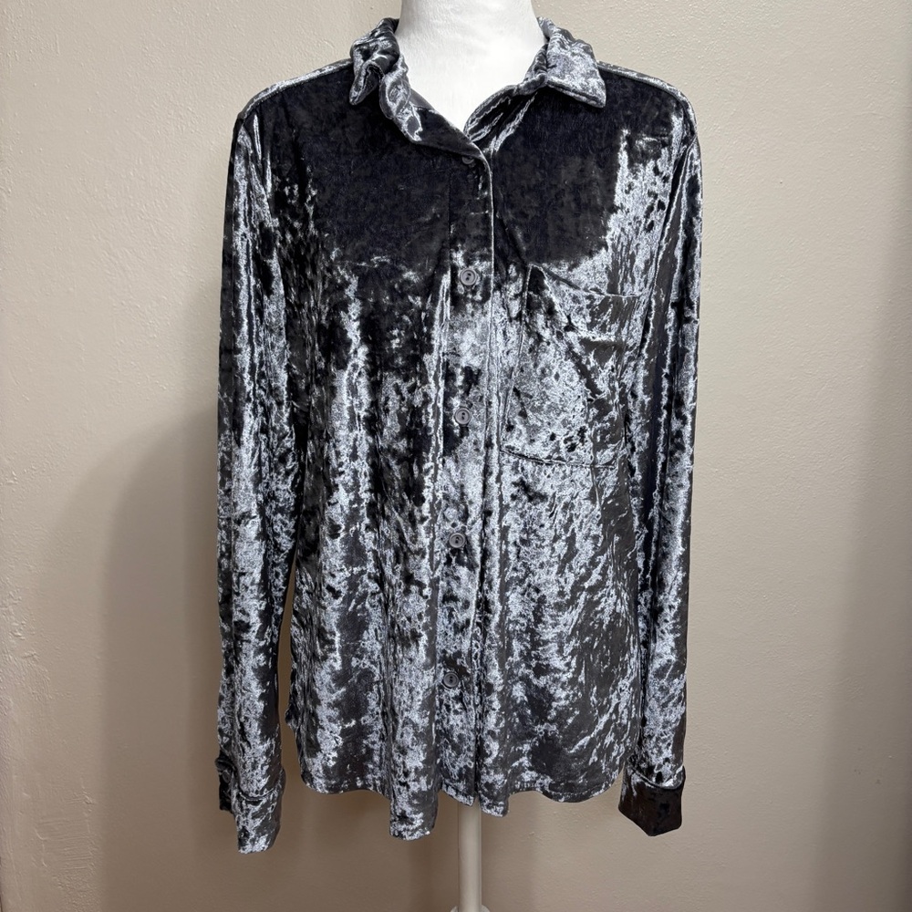 Anthropologie Amadi Velvet Burnout Button Down Shirt Grey Womens M Holiday Party